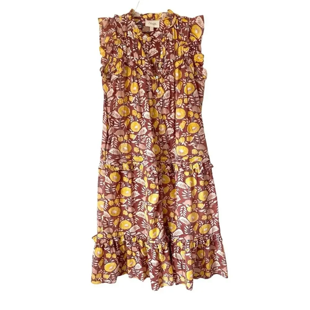 Cleobella Harper Midi Dress Brown Yellow Floral Print size large NO BELT
